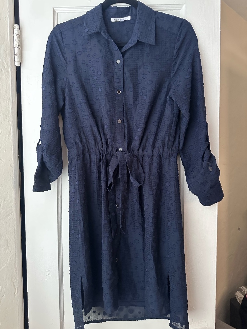 DR2 by David Rachel Navy Blue Swiss Dot Chiffon Shirt Dress